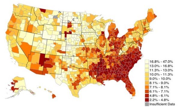 Map of the US showing economic mobility metrics by county